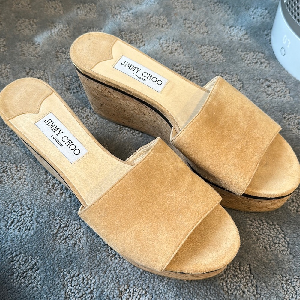 Jimmy choo  platform cork heel slides in suede